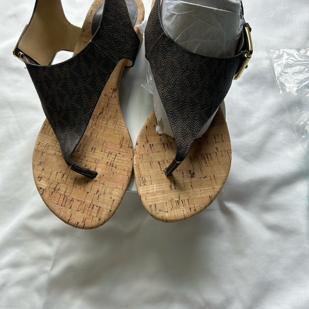 Michael Kors Brown Cork-Effect Thong Sandals with Gold Buckle